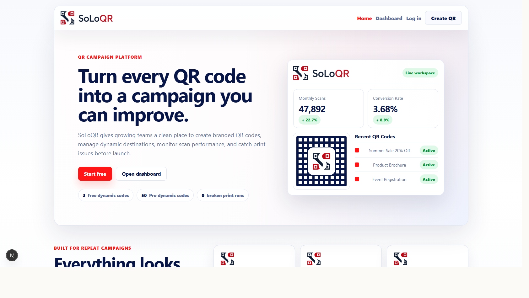 SoLoQR dashboard and landing preview